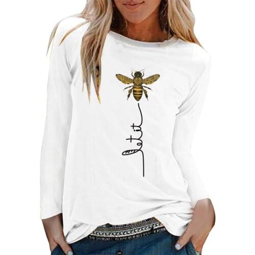 Bee Printing T-shirts Women Long Sleeve Graphic Tees Streetwear White Round Neck Aesthetic Clothes Fashion Tops for Women Ladies