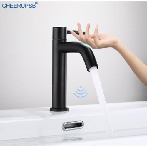 Bathroom Touch Sensor Faucet Single Cold Mixer Inductive Tap Stainless Steel Deck Mount Sensitive Faucets Basin Sink Black Crane