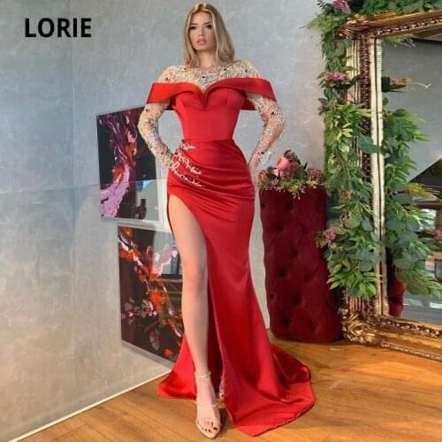 LORIE Arabic Evening Dress 2021 O-Neck Beaded Satin Dubai High Side Split Prom Dress Mermaid Evening Gowns abendkleider Dubai