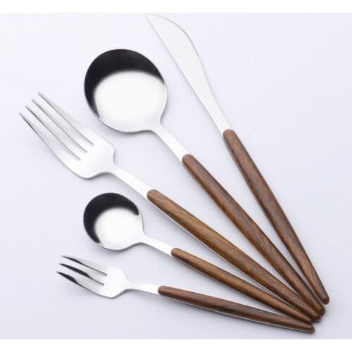 20Pcs Wooden Tableware Cutlery Set Stainless Steel Knife Spoon Fork Silverware Wood Dinnerware Set Dropshipping
