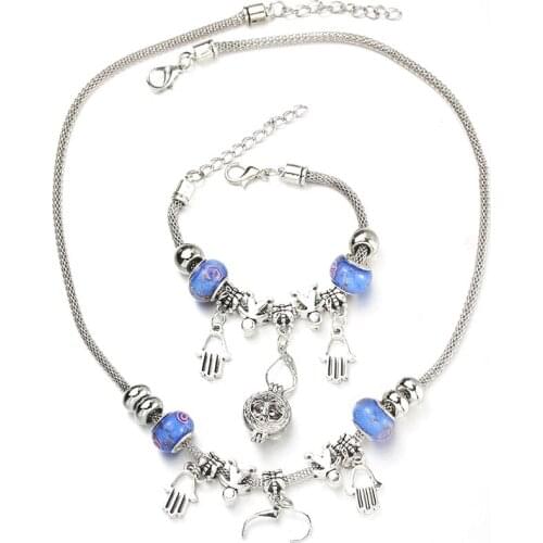 6 Colors Hand of Fatima Necklace Bracelet Set Fine Bead Hollow Chain Beaded Bracelet With Hook DIY Pendant Jewelry