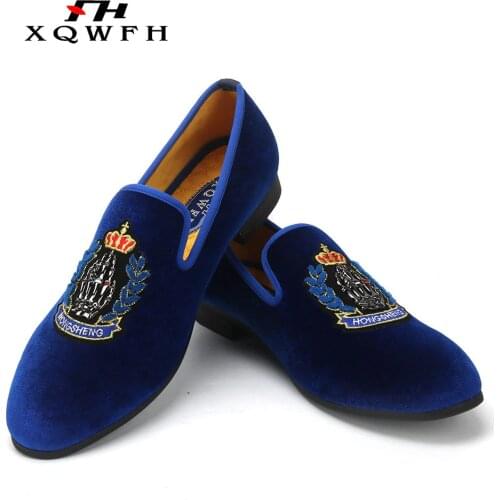 New Style Men Blue Velvet Shoes Embroidery Crown Fashion Party and Banquet Male Dress Shoes Plus Size 5.5-13.5