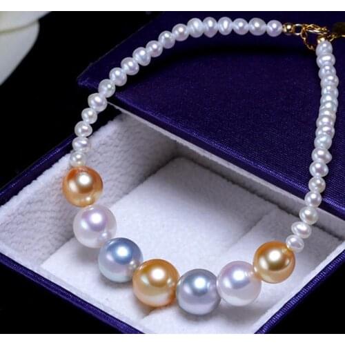 Charming 5-10mm south sea round multicolor pearl bracelet 7.5-8"