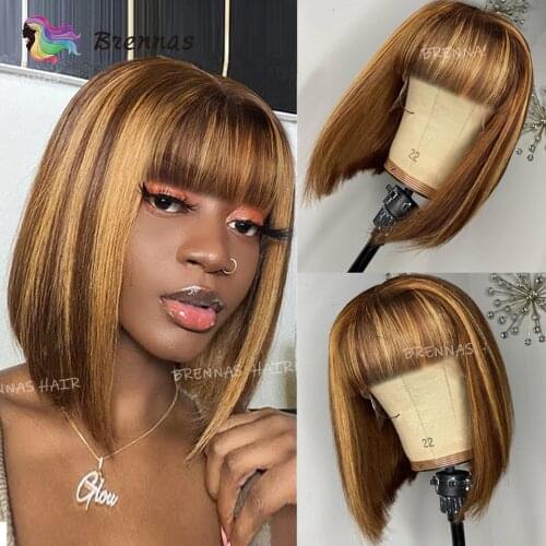 Highlight Straight Bob Wig Ombre Honey Blond Color Human Hair Wig With Bangs For Women Peruvian Remy Hair Full Machine Made Wig