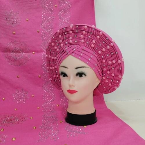 Pink African Gele Headtie Aso Oke Latest Gele Wrapper Set With Shawl Stoned Nigerian Gele Aso Oke Head tie for Party Newest
