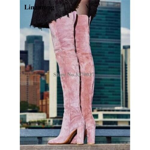 Women Winter Fashion Round Toe Velvet Over Knee Chunky Heel Boots Pink Blue Black Slim Long Thick Heel Boots Club Shoes