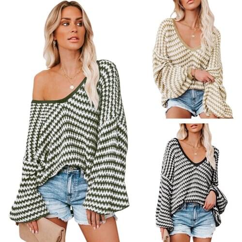 WomenS Puff Sleeve V-Neck Long Sleeve Sweater Stitching Striped Top Super Loose Comfortable Off-The-Shoulder Sweater Pullover