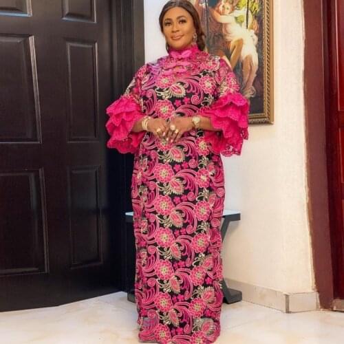 African Lace Maxi Dress Women Ruffle Sleeve Stand Collar Hollow Boubou Fashion New Bazin Riche Dashiki African Party Dress Robes