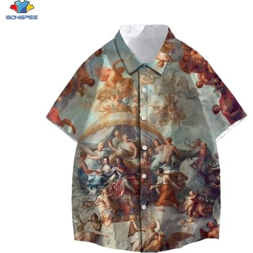 SONSPEE Vintage European Fresco Print Hawaiian Shirt Aesthetic Mens Summer Short Sleeve Shirts Women Casual Oversize Beach Top