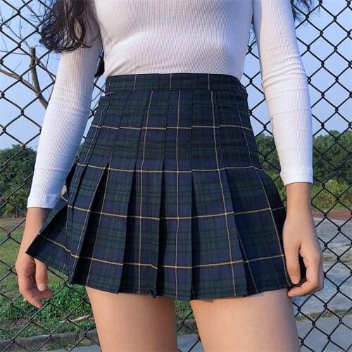Harajuku Tartan Pink Women Skirt Sexy Plaid Pleated Skirts Fashion Mini Dance Skirt Side Button High Waist School Skirts Female