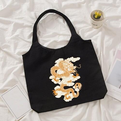 Chinese Style Harajuku Dragon Printing Tote Handbag Shopper Large Capacity Gothic Women Canvas Bag Classic Vintage Shoulder Bags