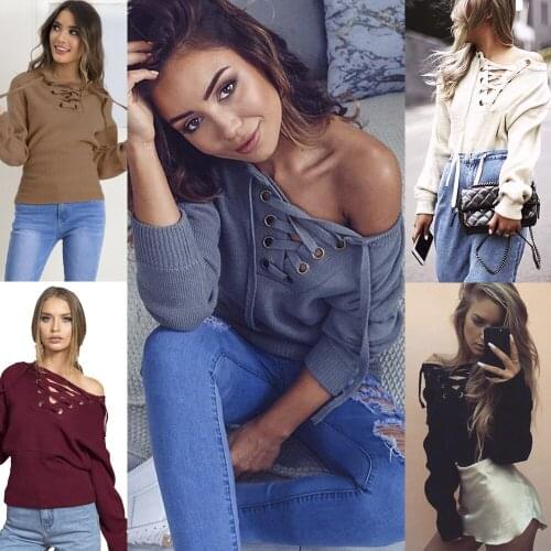 Womens high street sexy deep V-neck tie strapless slim fit chest strap sweater autumn womens clothing