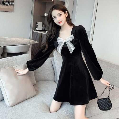 Women 2021 New Year Winter Spring Patchwork Bow Tie French Style Little Black Elegant Party Mini Velvet Dress