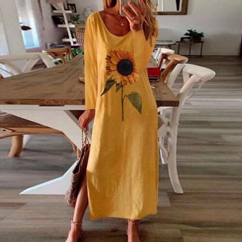 Long Sleeve Sunflower Print Dress Elegant Women Autumn O-neck Split Long Dresses Ladies Loose Maxi Dress Plus Size Vestidos
