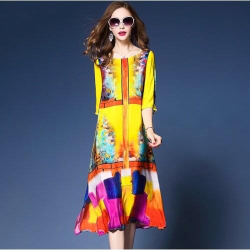 Summer dress 2019 new women Imitate real silk dress plus size dress loose vintage A-line print dress lady beach casual dresses