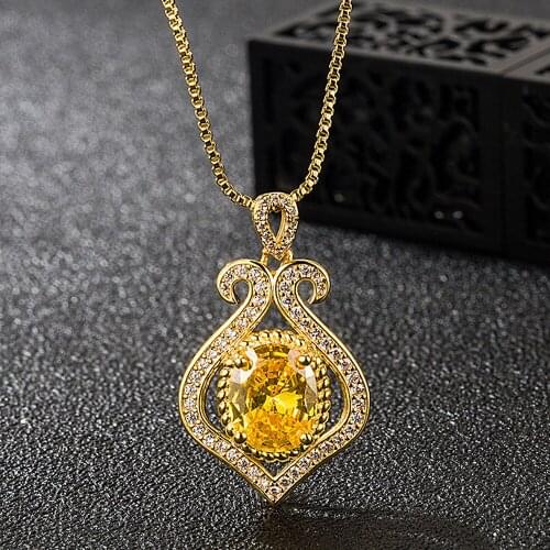 Vintage luxury crystal citrine gemstones diamonds pendant necklaces for women 18k gold color choker jewelry bijoux party gifts