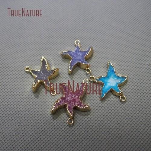 5Pcs Fashion Mix Color Agates Druzy Double Bail Pendant Gold Plating Sea Star Connector Approx 25mm PC888