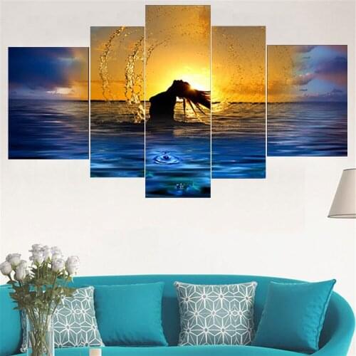 5 Pieces Wall Art Canvas Painting Seascape Figure Poster Sunset Modern Home Decoration For Living Room Framework Pictures