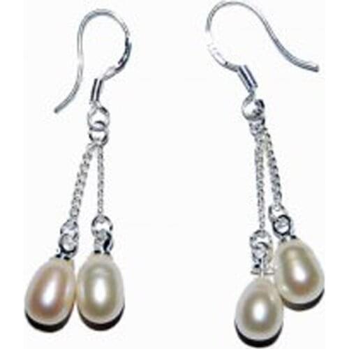 7-8mm Double White Natural Drop Pearl Earring with Sterling Silver Hook
