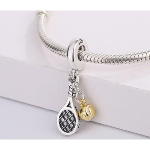 925 Sterling Silver Souvenir Gifts Tennis Racket & Ball Dangle Beads Pendant Charm Bracelet Jewelry DIY Making For Pandora