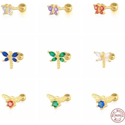GS 925 Sterling Silver Colorful Zircon Butterfly Bee Stud Earrings For Women Mini Insect Dragonfly Ear Studs Piercing Jewelry