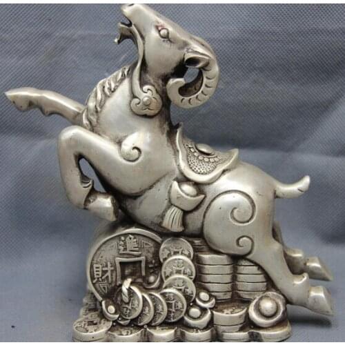 Fast shipping USPS to USA S0118 China White Copper Silver Feng Shui Lucky Money Wealth Zodiac Goat Sheep Statue