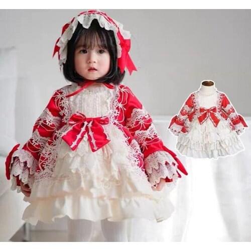 2PCS Winter Spanish Princess Red Ball Gown Lolita Party Dress Long Sleeve Dress For Bady Girls Birthday Turke Easter Dress 0-7Y