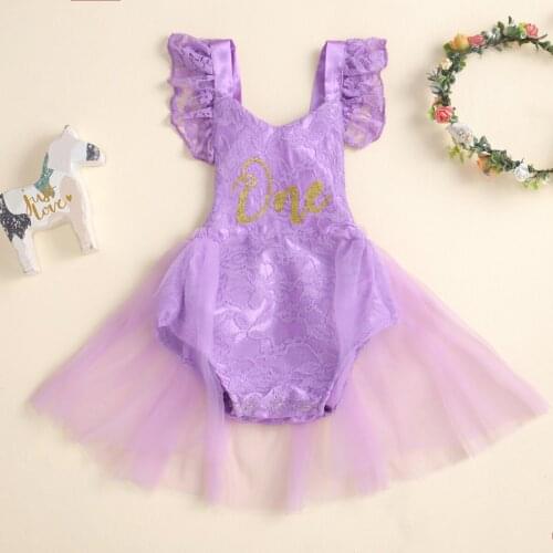 Infant Baby Girl Lace Embroidery Bodysuit Dress 1st Birthday Party Suit Sweet Letter Fly Sleeve V-neck Short Jumpsuit for 0-24M