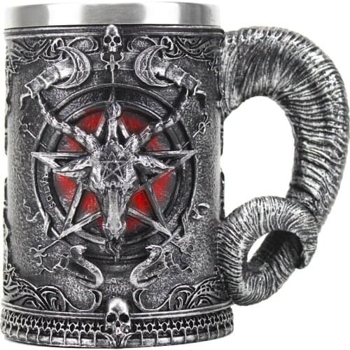 Baphomet Mug Tankard Stainless Steel Resin 3D Baphomet Pentagram Sabbatic Gothic Wicca Pagan Horn Beer Tankard Cup Mugs 600ml