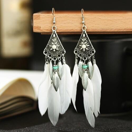 Fashion White Boho Feather Earrings For Women Brincos Bijoux Vintage Flower Shape Bohemia Long Leaf Tassel Drop Earrings