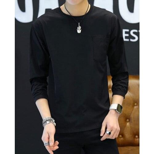 Mens Casual Pocket T-Shirt Simple Scoop Neck Tops Outwear Black White Brown Thin Male Long Sleeve Tees