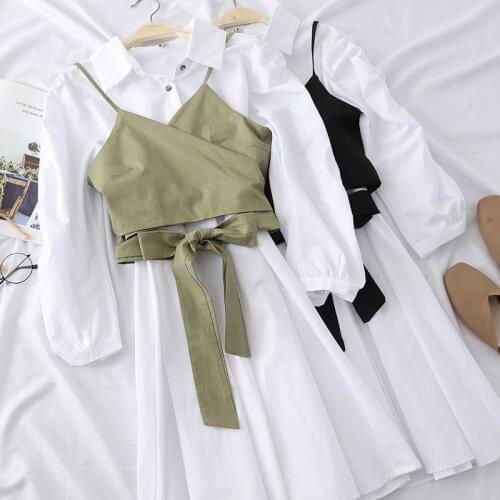 New style bandage tube top strap + medium and long solid color long-sleeved shirt dress two-piece suit women