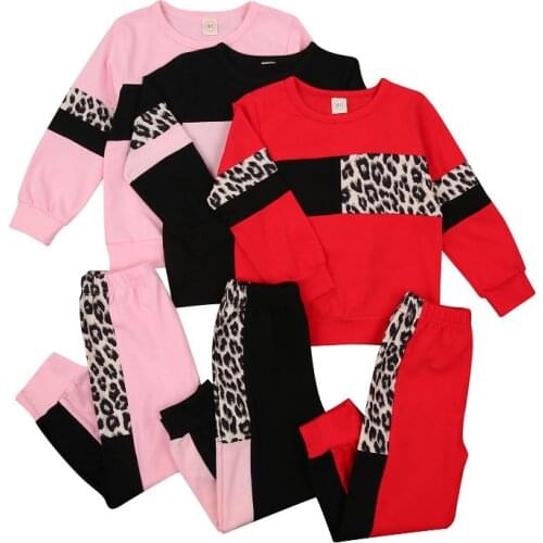 1-5Y Fashion Girls Chothes Sets 2021 Spring Fall Kids Baby Patchwork Leopard Print Sweatshirts Tops+Pants Children Tracksuits