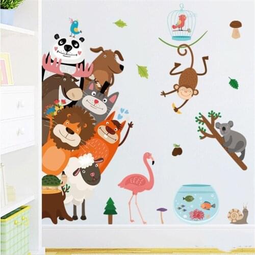 Peeking Cartoon Animals Wall Sticker for Kids Room Wall Background Decals Lion Panda Bear Mural PVC DIY Poster Child Bedroom Hot
