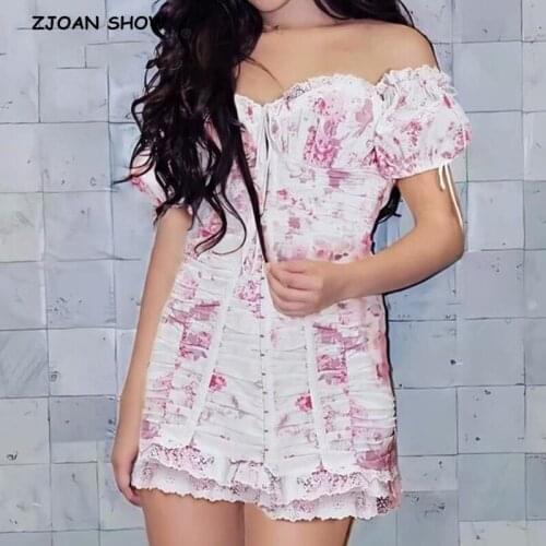 Sexy Metal Hook Buttons Vestidos Vintage Pink Floral Print Ruched Mini Summer Dresses Fashion Off Shoulder Women Party Dress