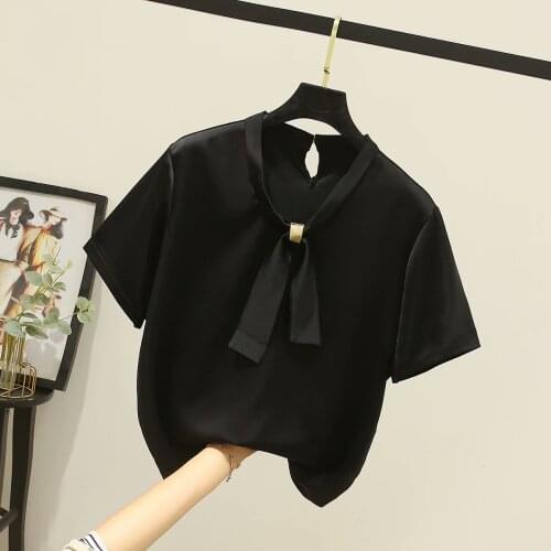 Plus size bow women black white blue Khaki Polyester shirts 2021 new summer casual Short sleeve ladies soft blouse tops female