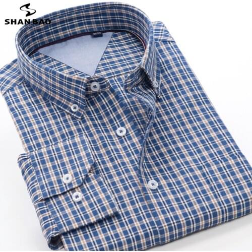 SHAN BAO classic brand spring fashion high-quality plaid shirt business casual elegant mens loose long-sleeved shirt 3XL-10XL