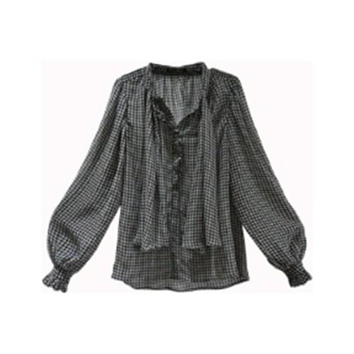 Autumn/winter 2020 New Houndstooth Shirt Female Design Sense Niche Retro All-match Careful Machine Bubble Sleeve Top