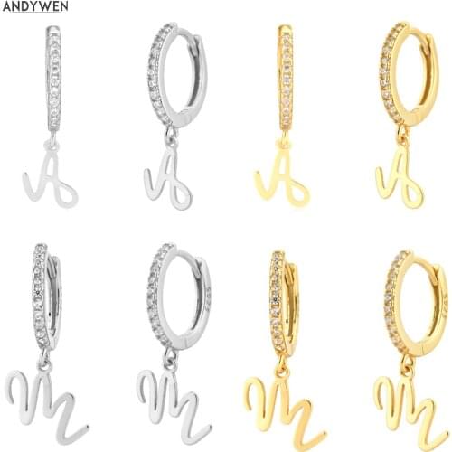 ANDYWEN 925 Sterling Silver Classic Plain Initial Letter Pendiente Alphabet Drop Earring Women Fine Jewelry Clips Wedding Gift