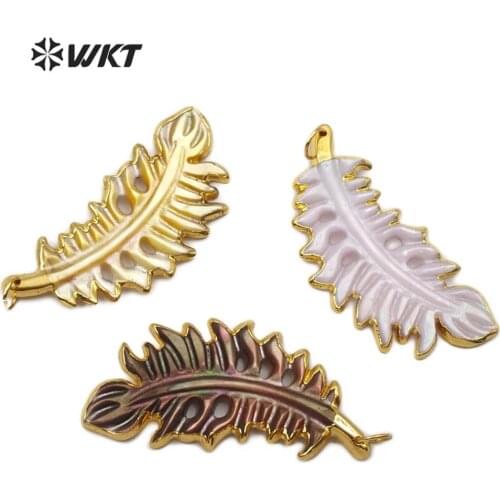WT-JP158 Natural Shell Pendant small Feather Shape Gold Trim shell Pendant With Electroplated Pave Pendant Fashion Women Jewel