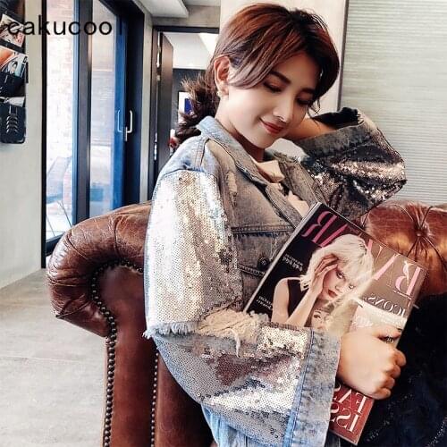 Cakucool New Denim Jacket Bling Silver Sequins Patch Ripped Holes Vintage Jean Coat Loose Korean Denim Jeans Coats Women Clothes
