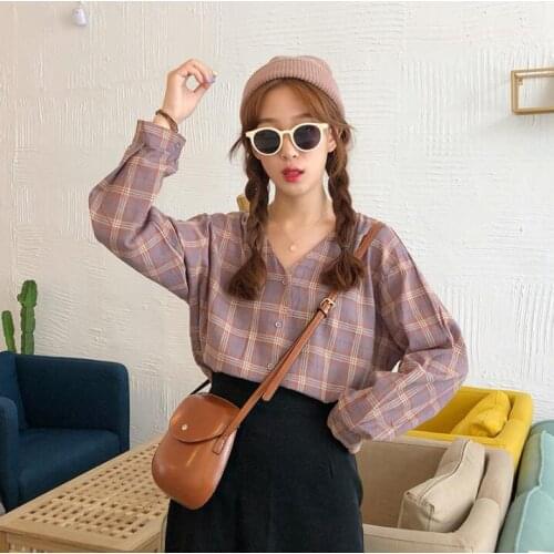 Casual Ins Chic Loose V-neck Plaid Slim Lazy Shirt Womens Shirts Girl Kawaii Retro Student Punk Harajuku Tunic For Women Top