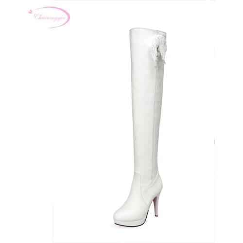 Chainingyee knight style comfortable round toe knee-high boots zipper platform high heel women riding boots big size 22~26.5cm