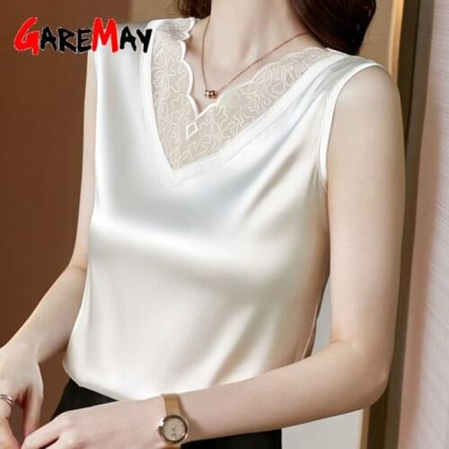 Woman Summer 2021 Sleeveless Beautiful Office Blouses Plus Size Basic Chiffon V Neck Female Top Silk Satin Blouse for Women