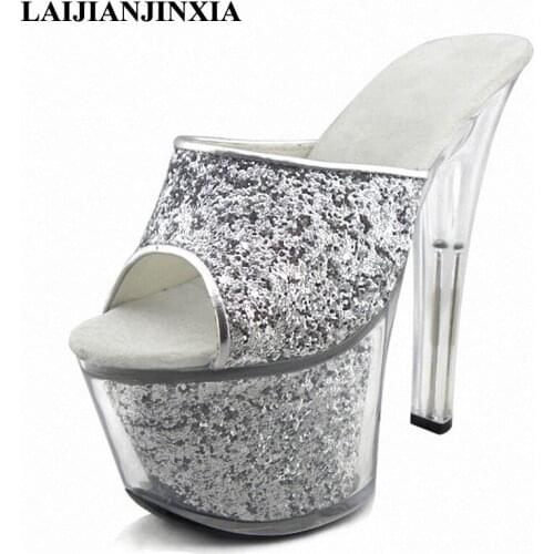 LAIJIANJINXIA New 17cm Ultra High Heels Platform Slippers Sexy Women Night Club Dress Dancing Shoes Pole Dance Shoes