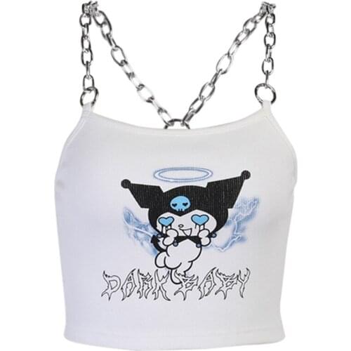 Women Gothic Punk Metal Chain Strap Crop Top Ribbed Knit Sleeveless Camisole Harajuku Anime Little Devil Print Racerback Slim