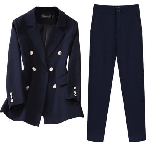2021 New Women Fashion Double Breasted Jacket Suit Blazers 2 Pieces Set Blazer and Pants Set Elegant Office Lady Suit Coat