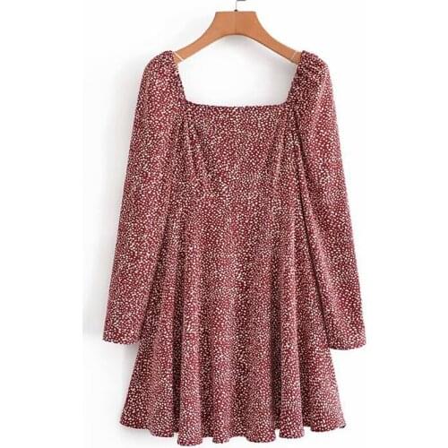 YENKYE Elegant Women Vintage Print Red Dress Sexy Square Neck Long Sleeve Slim A-line Ladies Dress Summer Short Vestido