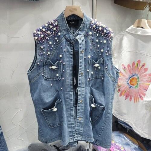 Summer Korean Fashion Beading Denim Vest Women Waistcoat Student Sleeveless Jacket Coat Loose Pocket Mid Long Jeans Vests Female