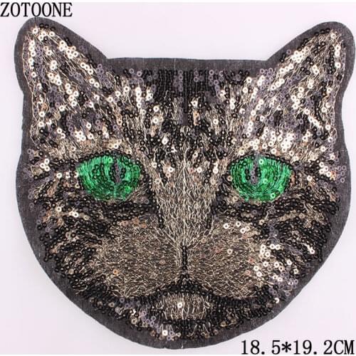 ZOTOONE Big Cat Head Embroidery Lace Applique Paillette Fabric Sweater Clothes Patch Sequined Stickers T-shirt DIY Decoration G
